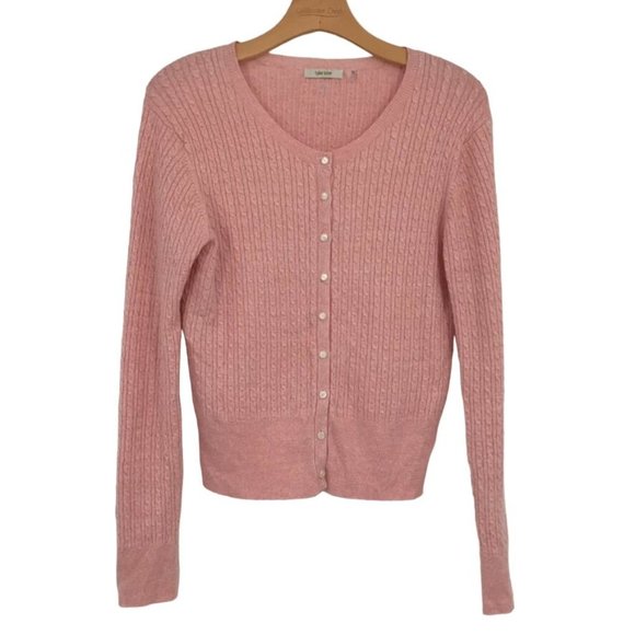 Tyler bow women's cardigan sweater pink size large cable knit linen blend - Picture 1 of 8